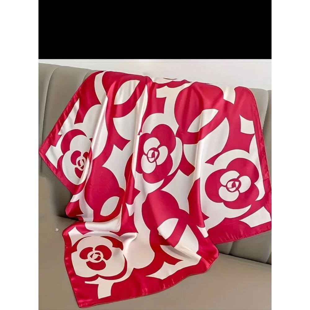 Luxurious Elegant Red & White Camellia Flower Scarf, Head Wrap